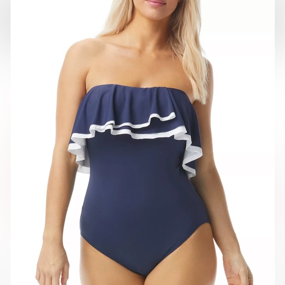 Coco Reef Other - Coco Reef Navy and White Ruffle Strapless One-Piece Swimsuit